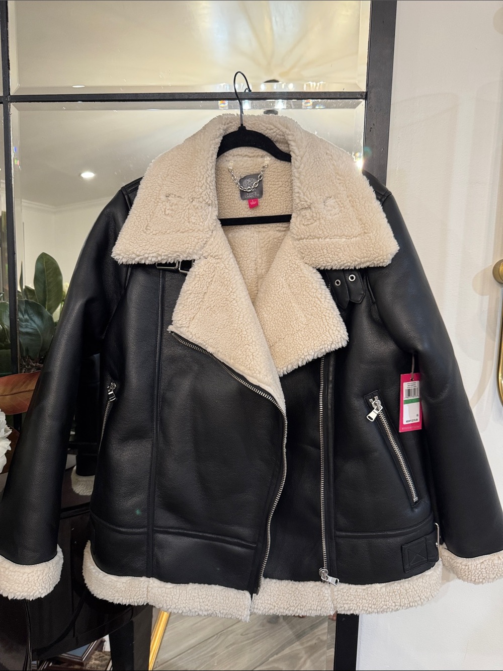 Vince Camuto Black Faux Leather Shearling Aviator Jacket with Cream Lining